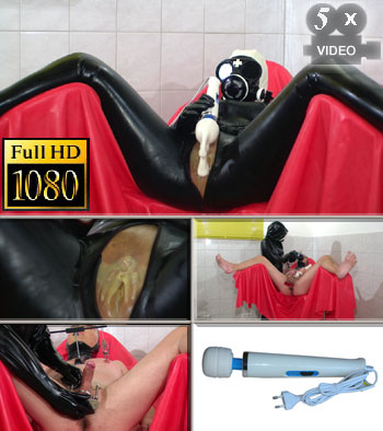 Complete in heavy rubber magicwand orgasm